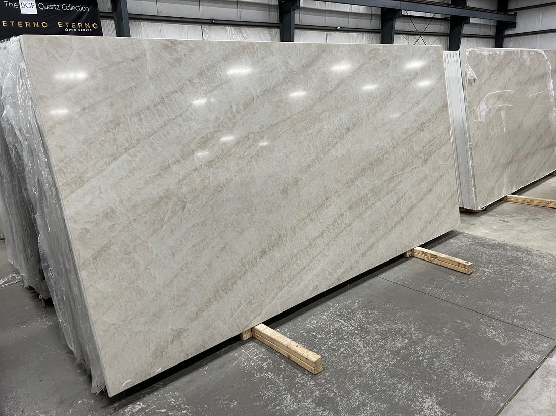 Taj Mahal Eterno quartz slab at Pistritto Marble Imports in Hartford, CT